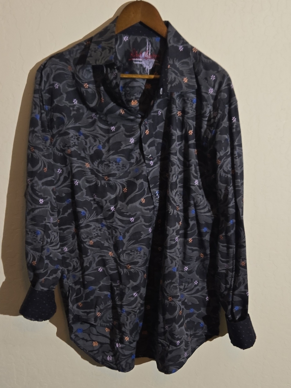 Robert Graham Black Floral-Print Button-Down Shirt with Blue & Purple Accents